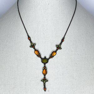 17" Dark Bronze Metal with Orange & Green Imitation Gems Y-Drop Necklace